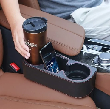 Multifunctional Car Cup Holder Expander PU Leather Cover with Phone Holder and Coasters for Storing and Organizing Car Drinking Cups Mug Bottle Cans Phone Key Wallet Coin, etc.